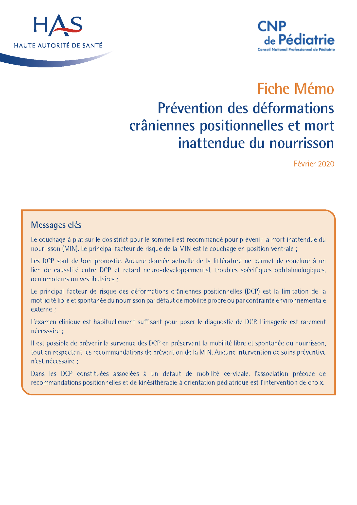 Fiche mémo HAS Prévention des déformations crâniennes positionnelles fev 2020