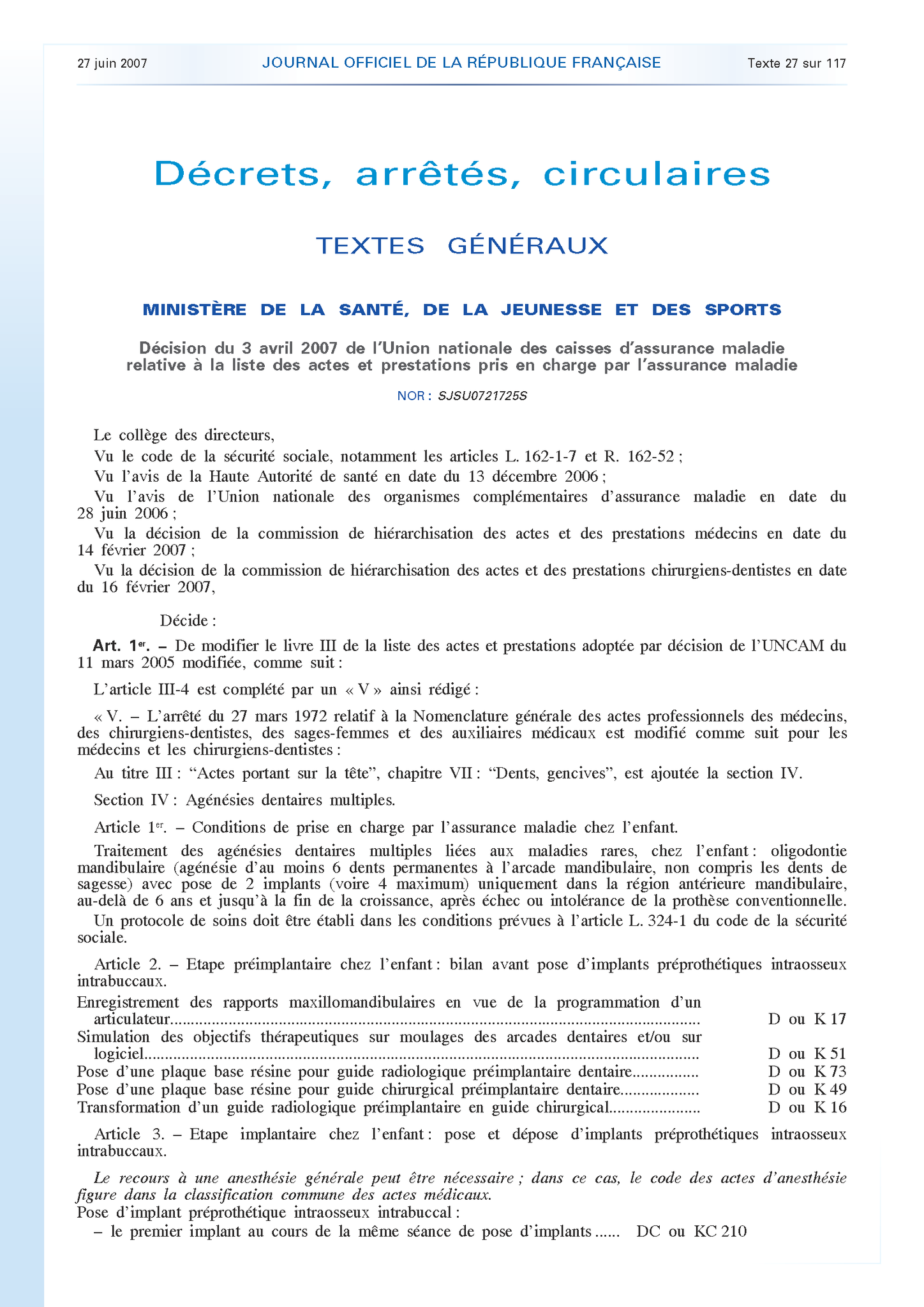 Image Décision UNCAM agénésies dentaires enfant 2007