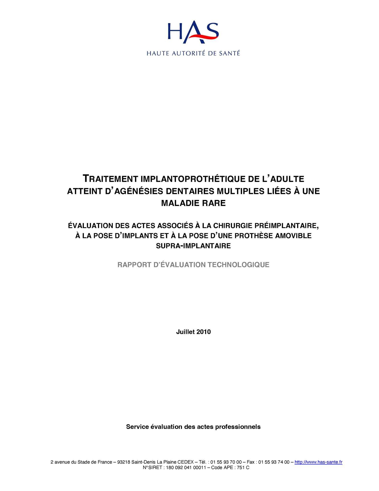 Image Rapport HAS Oligodontie adulte 2010