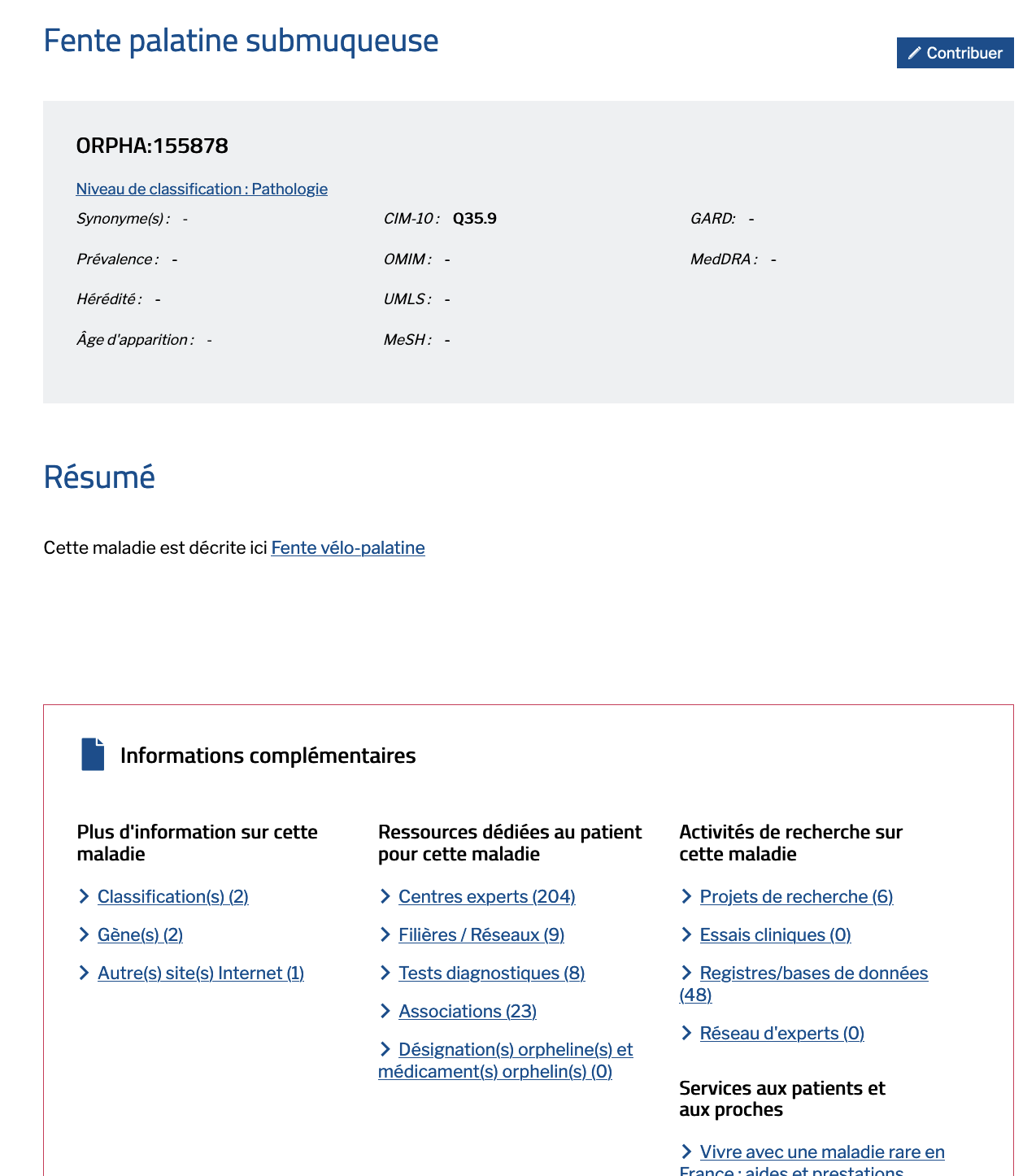 Image site Oprhanet Page Fente palatine sous muqueuse