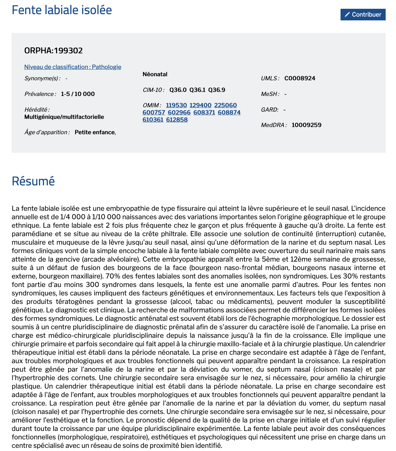Image site Orphanet Page Fente labiale