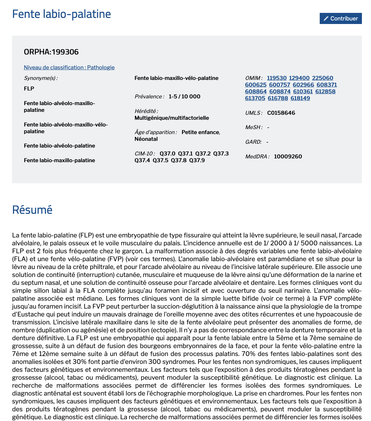 Image site Orphanet Page Fente labio palatine