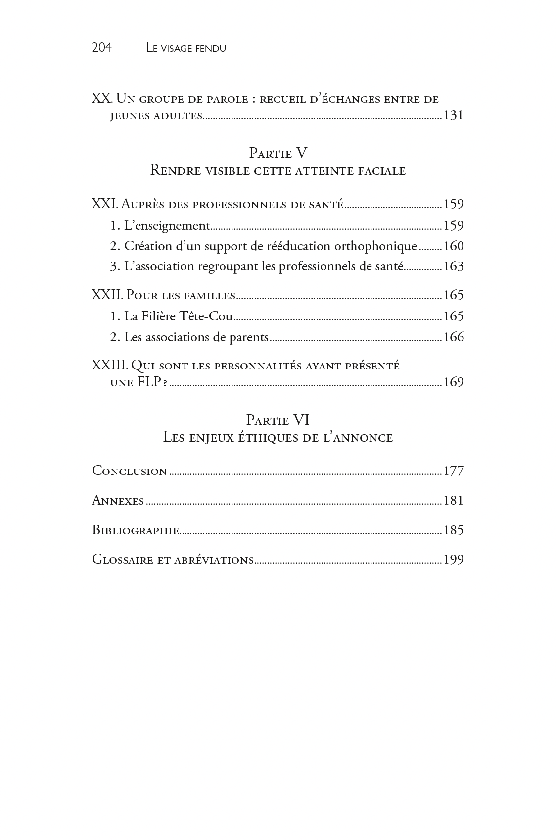 Image table matieres p204 livre le visage fendu